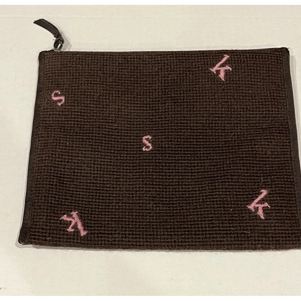 Kate Spade Brown Needlepoint Initial Bag Cosmetic Case Pouch Vintage